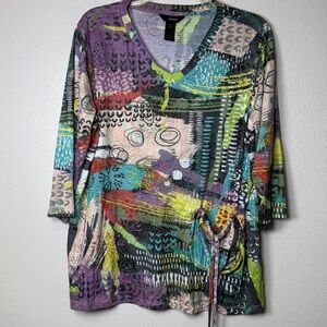 Ali Miles Abstract Colorful V Neck Top Tunic 1X 3/4 Sleeve Pouch Pocket Artsy